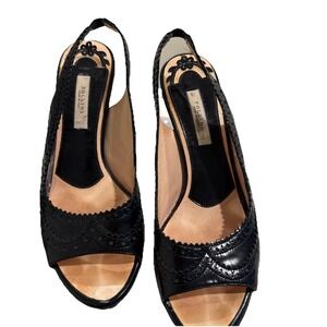 Pollini Shoes Size 35 Black 5 Oxford Textured  Leather Slingback Heels